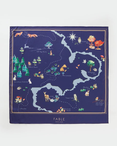 FABLE Navy map silk like square scarf
