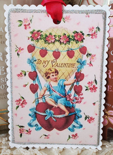 Valentine Gift Tag Cherub n Hot Air Balloon