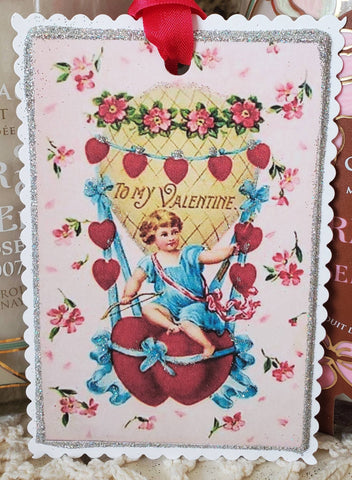 Valentine Gift Tag Cherub n Hot Air Balloon