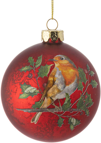 Glass ball,robin on a holly branch ornament