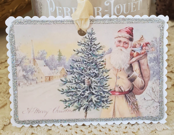 Postcard Santa n Tree Glitter Gift Tag Ornament Keepsake: Small Gift Tag